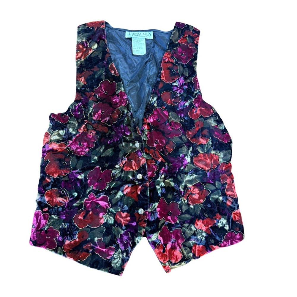 Trimmings Lucky Winner Vintage 90s Floral Velvet Vest Red Purple Small USA